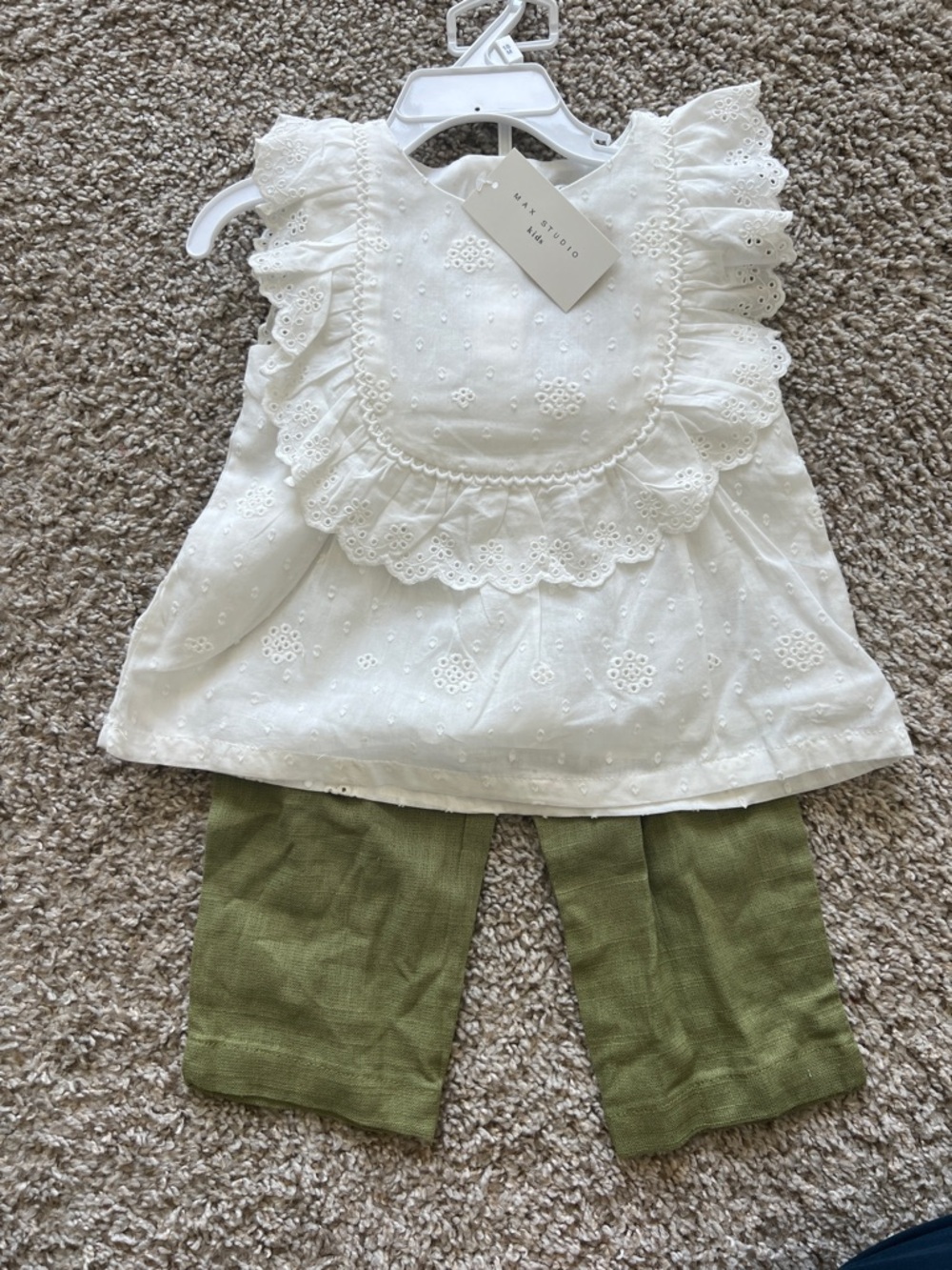 Max Studio Girls White Eyelet Ruffle Top with Olive Green Pants